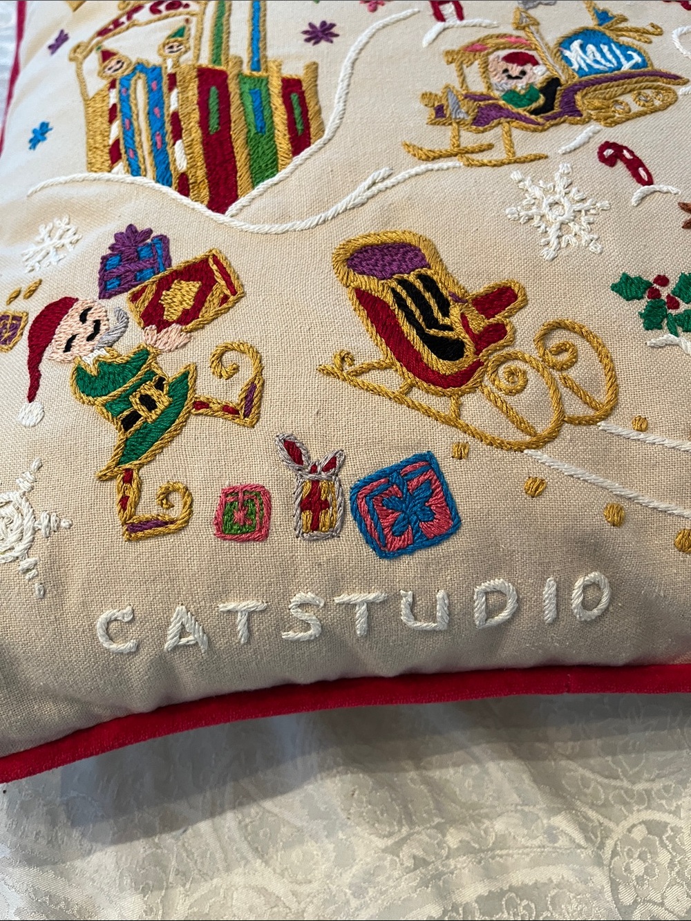 Catstudio Cream Holiday 'North Pole' Hand Embroidered Decorative Pillow Red Trim - Picture 6 of 7